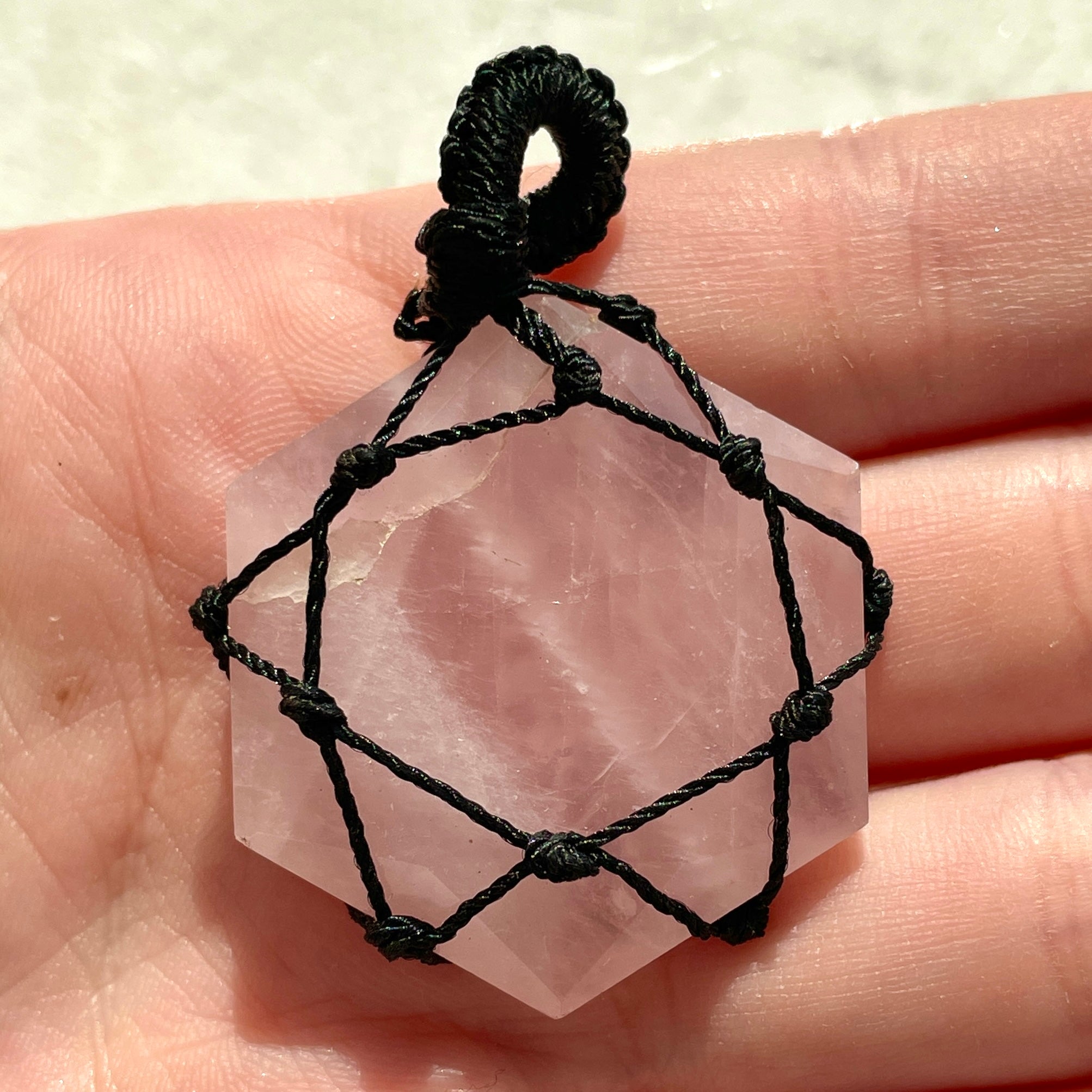 Rose Quartz - Macrame Wrapped Hexagonal Pendant Rose Quartz - Macrame Wrapped Hexagonal Pendant